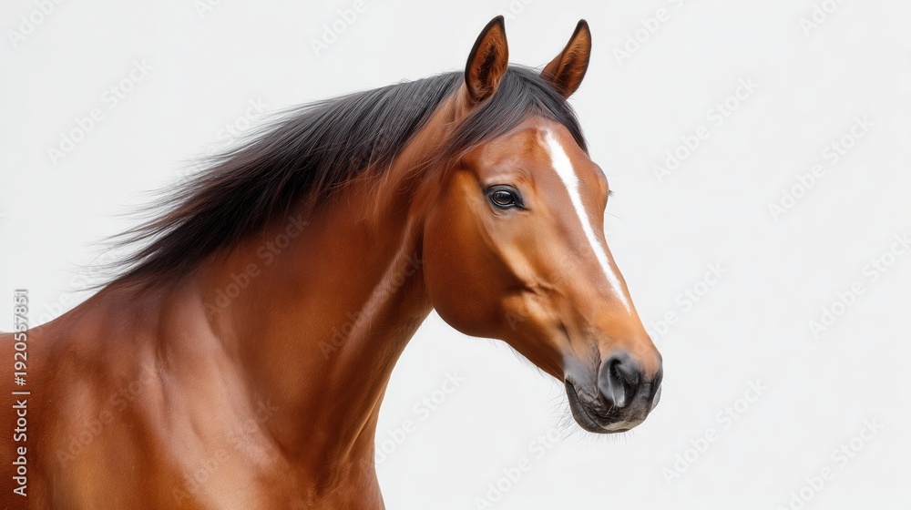Fototapeta premium Graceful bay horse with flowing mane against white background