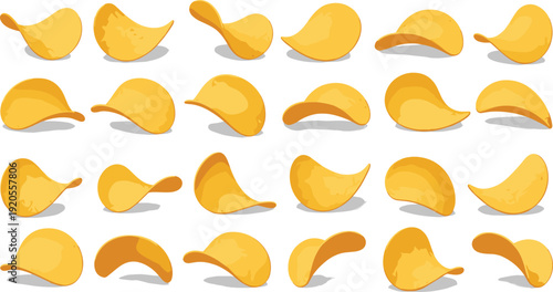 Potato chips grid illustration. Twenty golden crescent snacks arranged in 4x5 pattern with soft shadows. Minimalist food design isolated on white background.