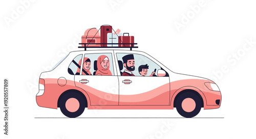 Family Traveling in Car with Luggage.