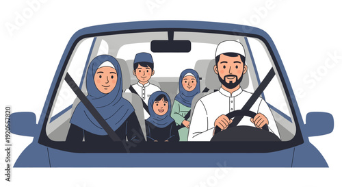 Muslim Family Wearing Hijab Traveling by Car When ramadhan