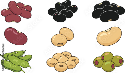 Cartoon bean variety illustration set. Nine different legumes arranged in 3x3 grid with textured details. Colorful food graphic isolated on white background.