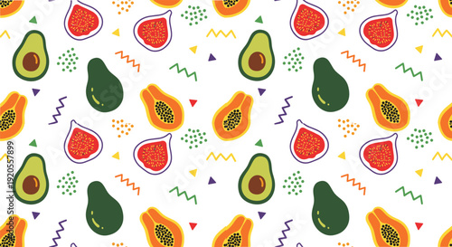 Avocado papaya fig seamless pattern, colorful fruit design, abstract geometric shapes, vibrant decorative texture, playful motif, textile wallpaper packaging art