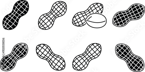 Peanut black and white icon set in grid layout. Diamond patterned shells in solid and outline styles. Minimal geometric illustration isolated on white background.