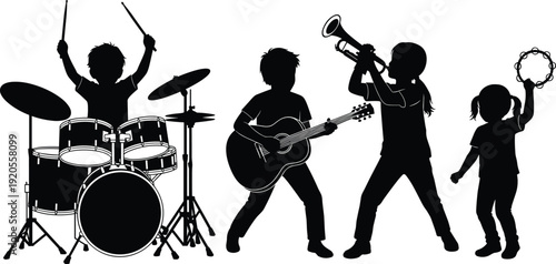 Children band silhouette illustration, kids playing instruments, drum guitar trumpet tambourine design, music performance art, creative motif, educational decorative artwork