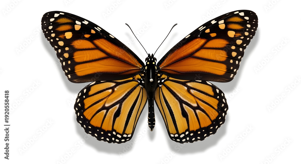 Obraz premium Stunning Monarch butterfly with vibrant orange and black wings spread open, isolated on a white background. A symbol of nature's beauty and transformation