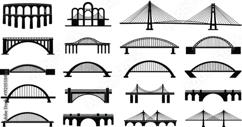 Bridge silhouettes collection featuring suspension arch cable stayed and stone bridges isolated vector illustration transportation infrastructure design elements set