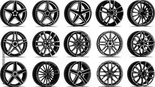Collection of alloy wheel rim designs featuring modern automotive spoke styles isolated on white background vector illustration set