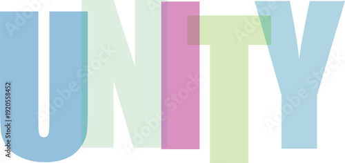 Overlapping translucent letters spell UNITY in pastel colors on a white Colorful text effect