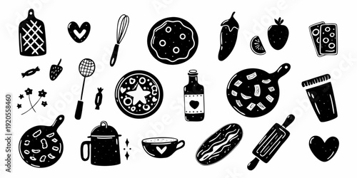Black and white illustration of various kitchen items and food elements