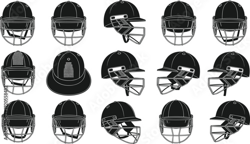 Cricket helmet silhouette set featuring protective sports headgear in multiple angles isolated on white background vector illustration collection