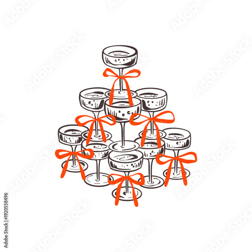 Hand drawn sketch champagne tower with pink coquette bows. Crayon doodle cocktail, martini, margarita, wine pyramid whimsical drawing. Valentines Day, wedding, bachelorette, girly birthday party