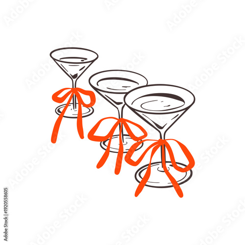 Hand drawn sketch martini glass with pink coquette bow. Crayon doodle champagne, cocktail, margarita, wine whimsical drawing. Valentines Day, wedding, bachelorette, girly birthday party design element