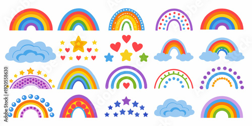 Colorful rainbows stars hearts and clouds in a playful arrangement