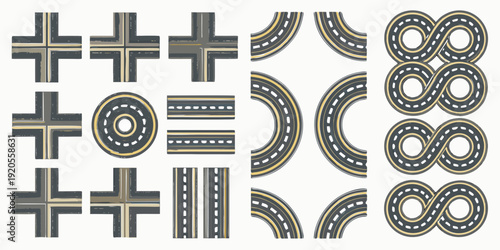 Abstract arrangement of road segments crosses and circular patterns