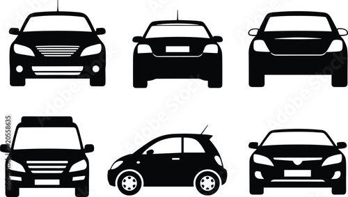 Car Silhouette Collection with Front and Side Views of Sedan Hatchback and SUV Isolated Vector Illustration Set