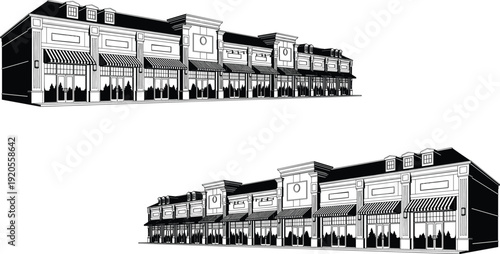 Commercial building illustration, strip mall design, shopping center architecture, storefronts with awnings, symmetrical retail space, black and white drawing, perspective view