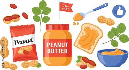 Peanut butter flat illustration set. Jar, bread slice, peanuts and spoon in minimalist style. Modern food design isolated on white background.