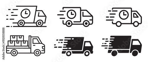 Delivery truck line icons with clock and timer outline symbols. vector illustration eps 10