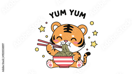 Adorable little tiger character sitting and happily eating a big bowl of ramen noodles with chopsticks and stars.
