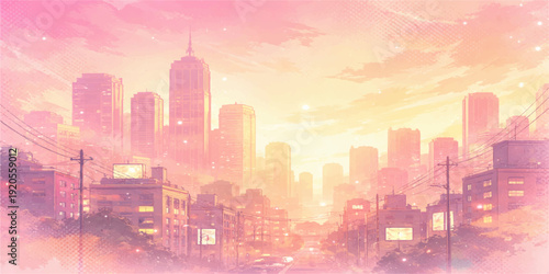 Modern urban cityscape at night featuring a vector silhouette of a downtown skyline with skyscraper buildings and architectural office towers in a panoramic sunset sky design