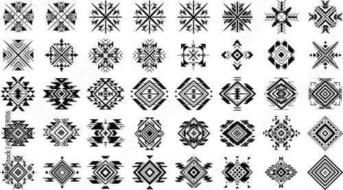Geometric tribal pattern collection with ethnic ornament shapes abstract decorative motifs isolated vector illustration design elements set