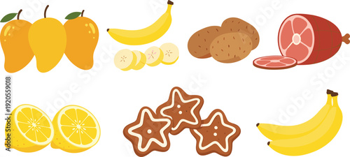 Flat minimalist fruit and food illustration set. Mango, banana, lemon, potato and gingerbread cookies in clean cartoon style. Simple design isolated on white background.