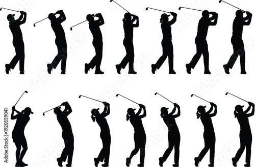Golf players swinging clubs silhouette set featuring male and female golfers isolated on white background vector illustration collection
