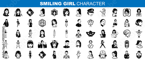 Wallpaper Mural A set of smiling girl character illustrations on a transparent background, perfect for graphic design and digital art projects. Torontodigital.ca