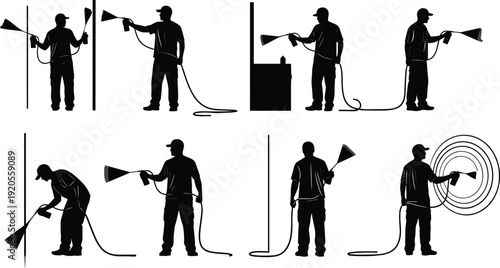Silhouette painter using spray gun for wall coating and surface painting isolated on white background vector illustration set