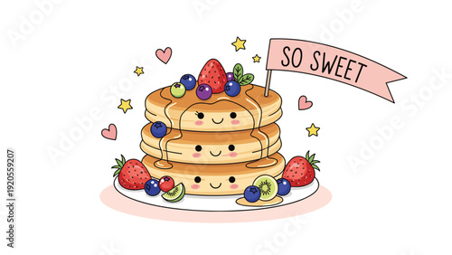 Stack of three smiling pancake characters topped with maple syrup a fresh strawberry and blueberries surrounded by colorful stars and fruit.