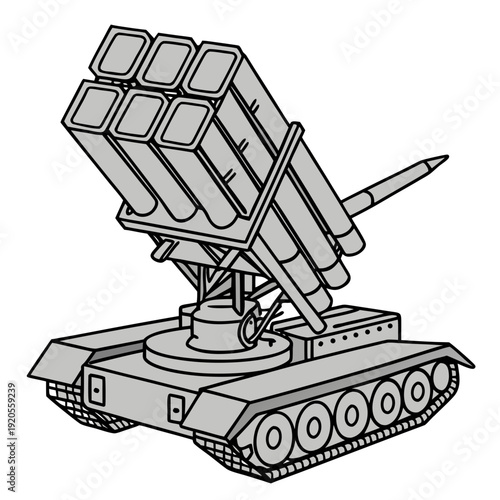 Missile launcher on tank tracks with multiple rockets