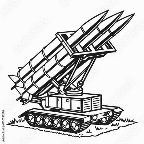 Missile launcher on tank tracks with three missiles