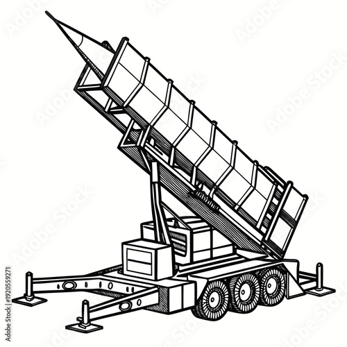 Black and white of a missile launcher military equipment