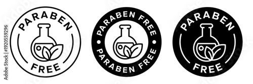 Paraben Free with leaf label, logo, badge, icon, sticker, symbol, line, flat vector, isolated illustration. Organic cosmetics, Eco friendly, skincare beauty products, sensitive skin icons set.