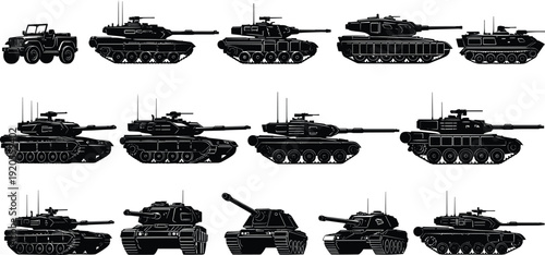 Military tank silhouettes collection with armored vehicles combat equipment isolated vector illustration army transportation design elements set