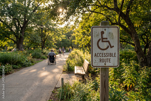 Wheelchair accessibility sign beside paved park pathway with greenery and sunset light, representing barrier free infrastructure, equal access, disability inclusion, and inclusive urban planning.