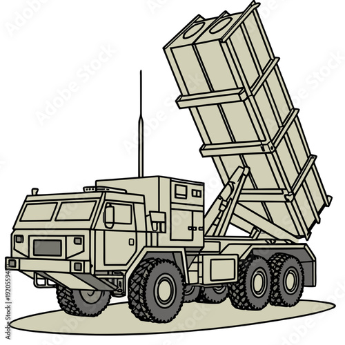 Beige military truck with missile launcher transportation