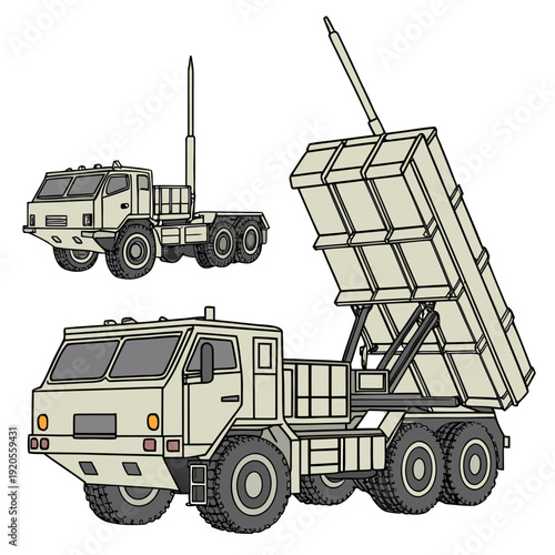 Beige military truck with missile launcher vehicle