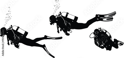 Scuba divers swimming underwater with oxygen tanks and fins silhouette isolated on white background vector illustration collection