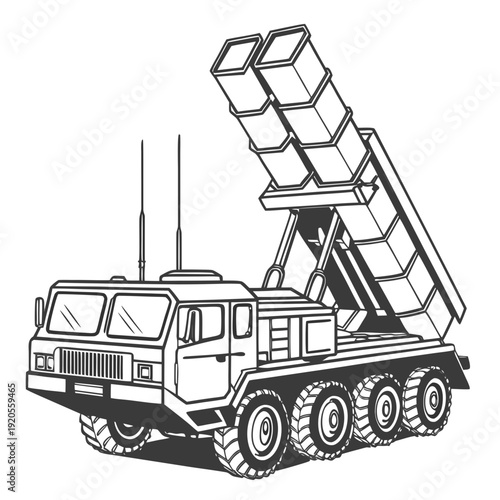 Black and white of a mobile missile launcher truck