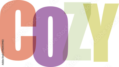 Translucent pastel colored letters spelling out the word COZY on white Colorful text effect