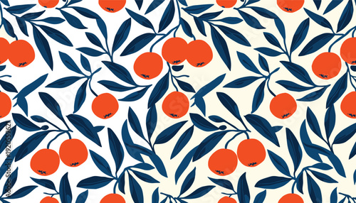 Orange fruit seamless pattern, tangerine branches, blue leaves, decorative wallpaper design, vibrant citrus illustration, textile print, modern art background, fabric