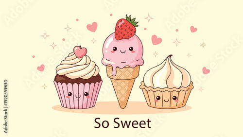 Three adorable dessert characters including a chocolate cupcake an ice cream cone and a cream tart with cute faces on a soft yellow background.