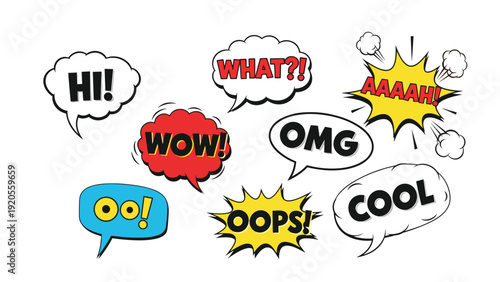 Vibrant set of comic style speech bubbles and bursts containing popular expressions like hi what wow omg and cool in bold colorful designs.
