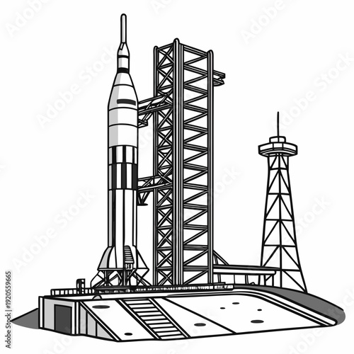 Space rocket on launchpad with tower black and white