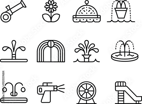 Water Fountain and Garden Equipment Line Icons Set Featuring Sprinkler, Slide, Ferris Wheel and Decorative Outdoor Elements