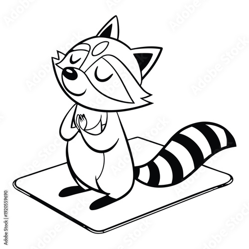 Cute cartoon raccoon kneeling on a mat with hands together and eyes closed in a peaceful pose