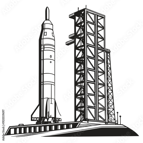 Black and white of a rocket on a launchpad space exploration