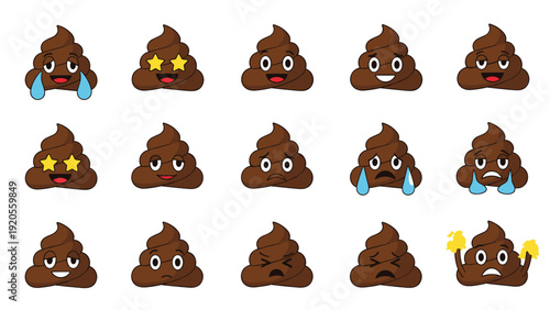 Grid of fifteen cute brown poop emoji characters displaying a wide range of facial expressions from happy and laughing to crying and angry.