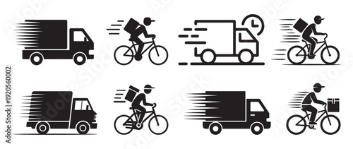 Eco-friendly bicycle and scooter courier delivery silhouette icons. vector illustration eps 10